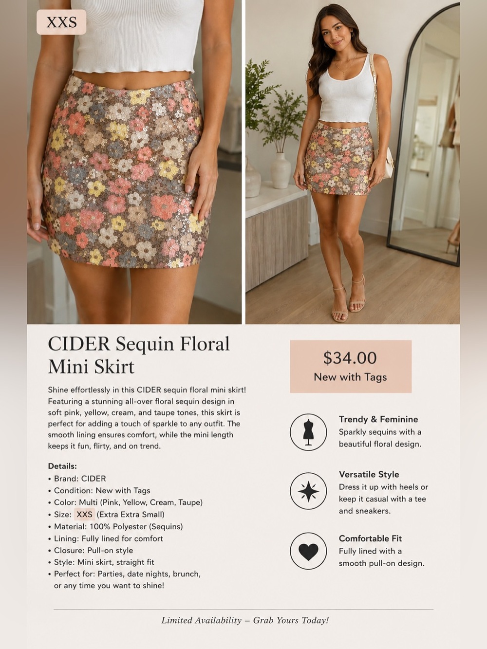 Cider Pink Yellow Cream Sequin Floral Mini Skirt